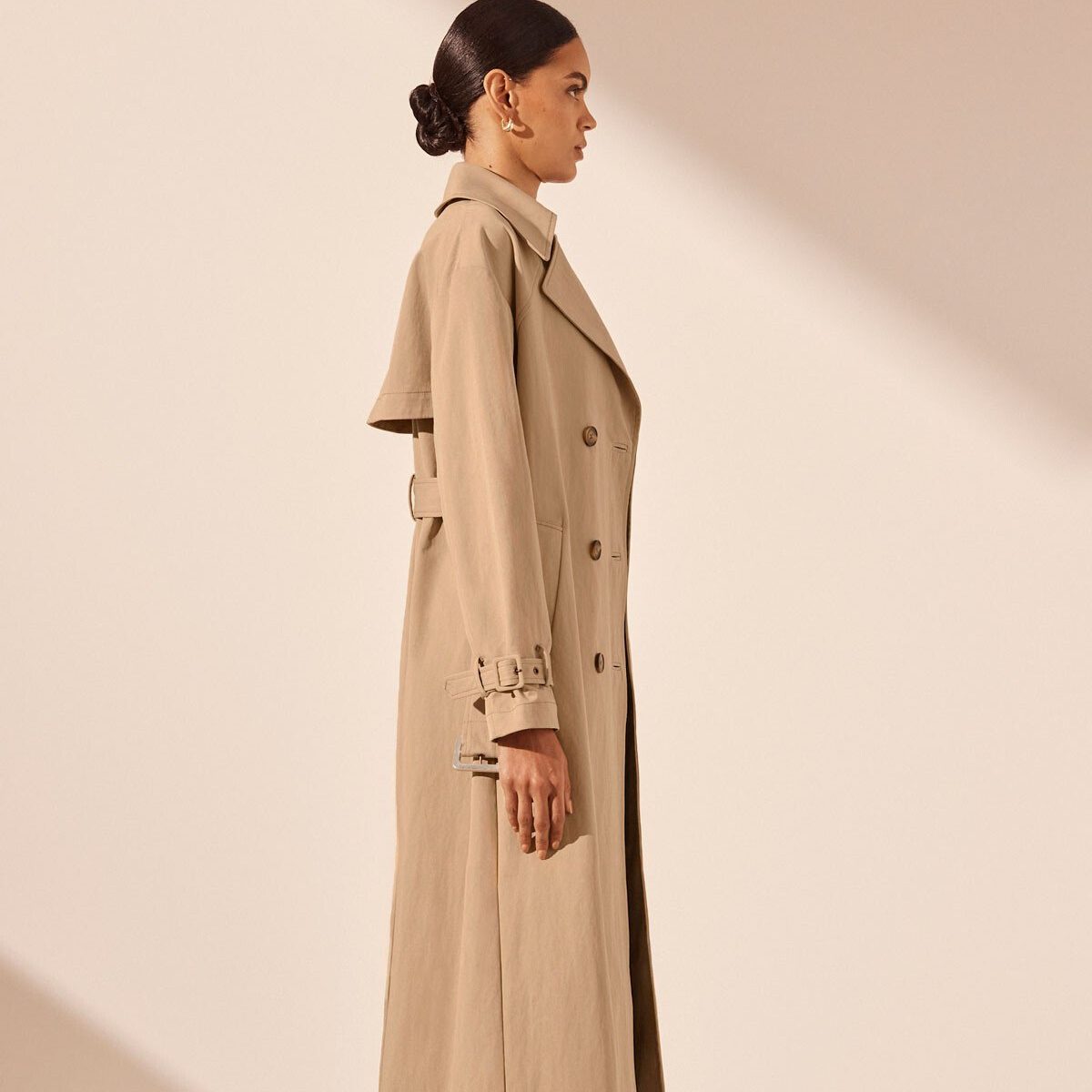 	
khaki trench coat