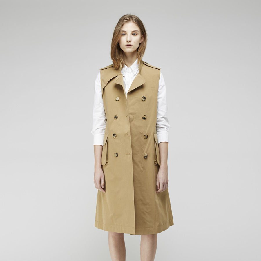 	
sleeveless leather trench coat