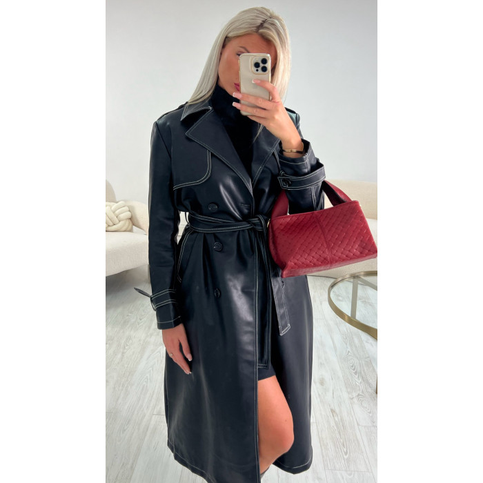 black faux leather trench coat